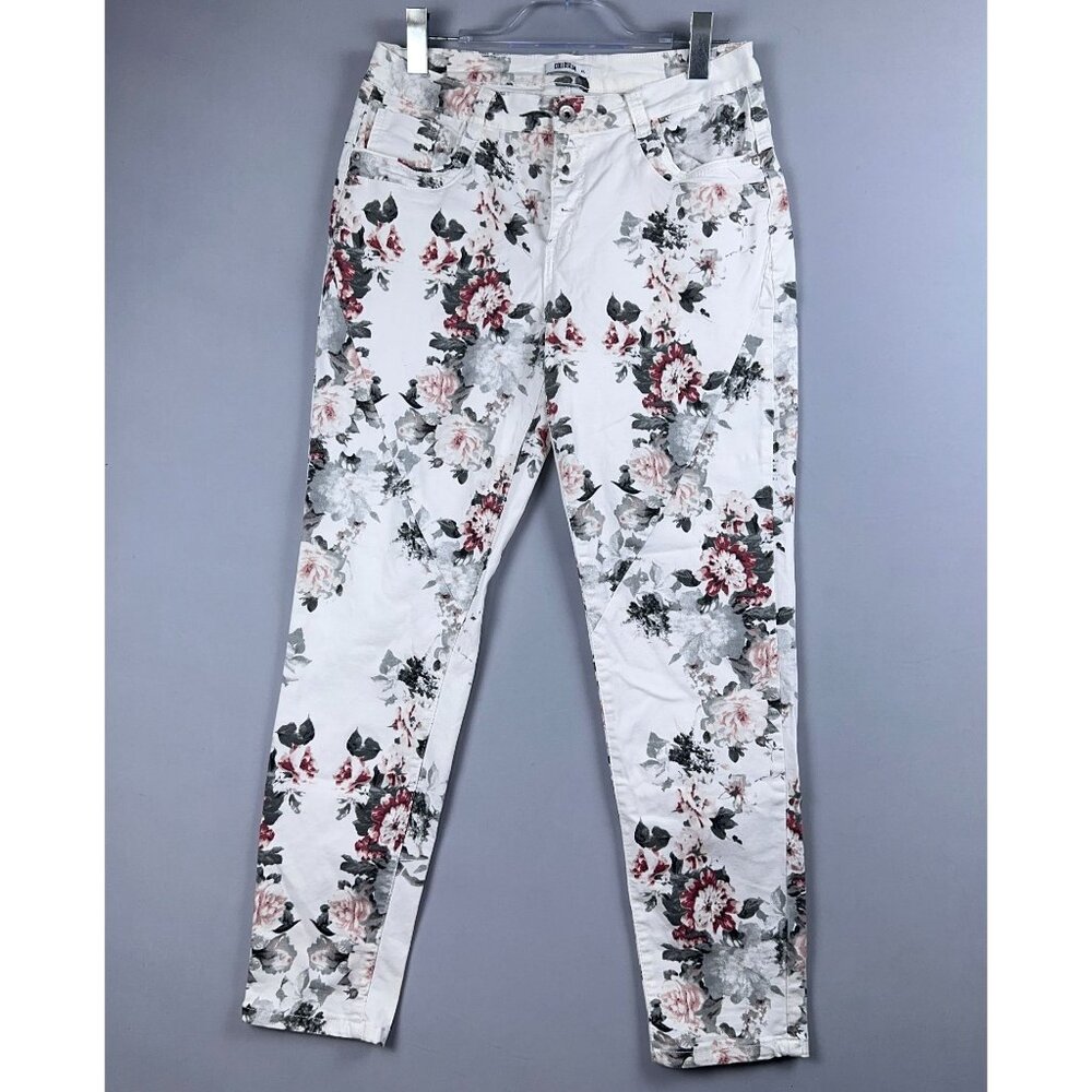 Colloseum Floral Skinny Jeans Womens Size X Large Mid Rise Button Fly White Gray